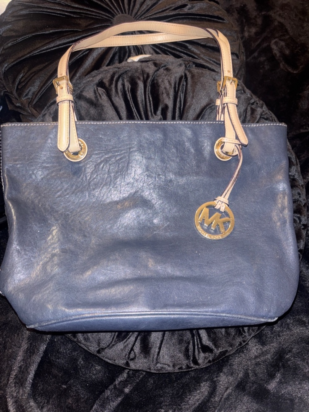 Michael Kors Navy Leather Tote with Beige Straps and Gold MK Charm